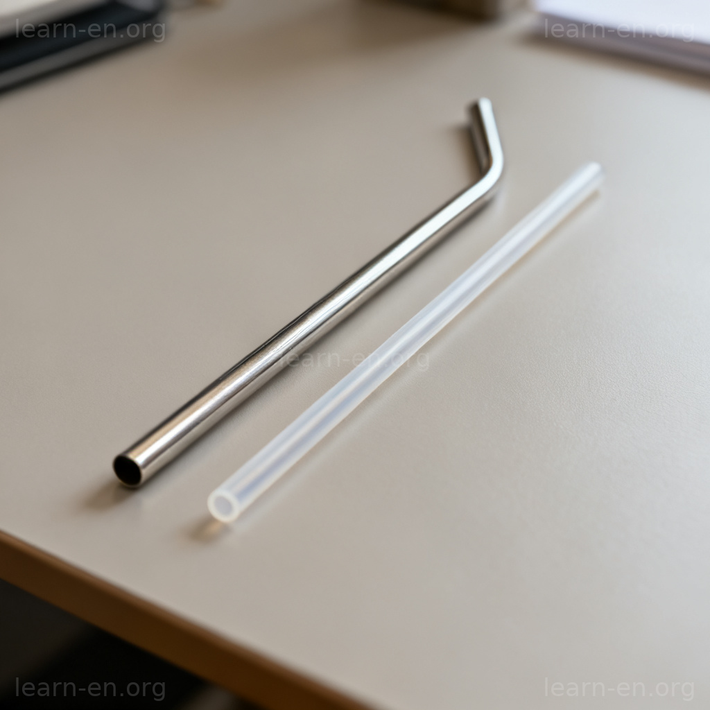 Equivalent function shown by a metal straw and plastic straw serving the same purpose.
