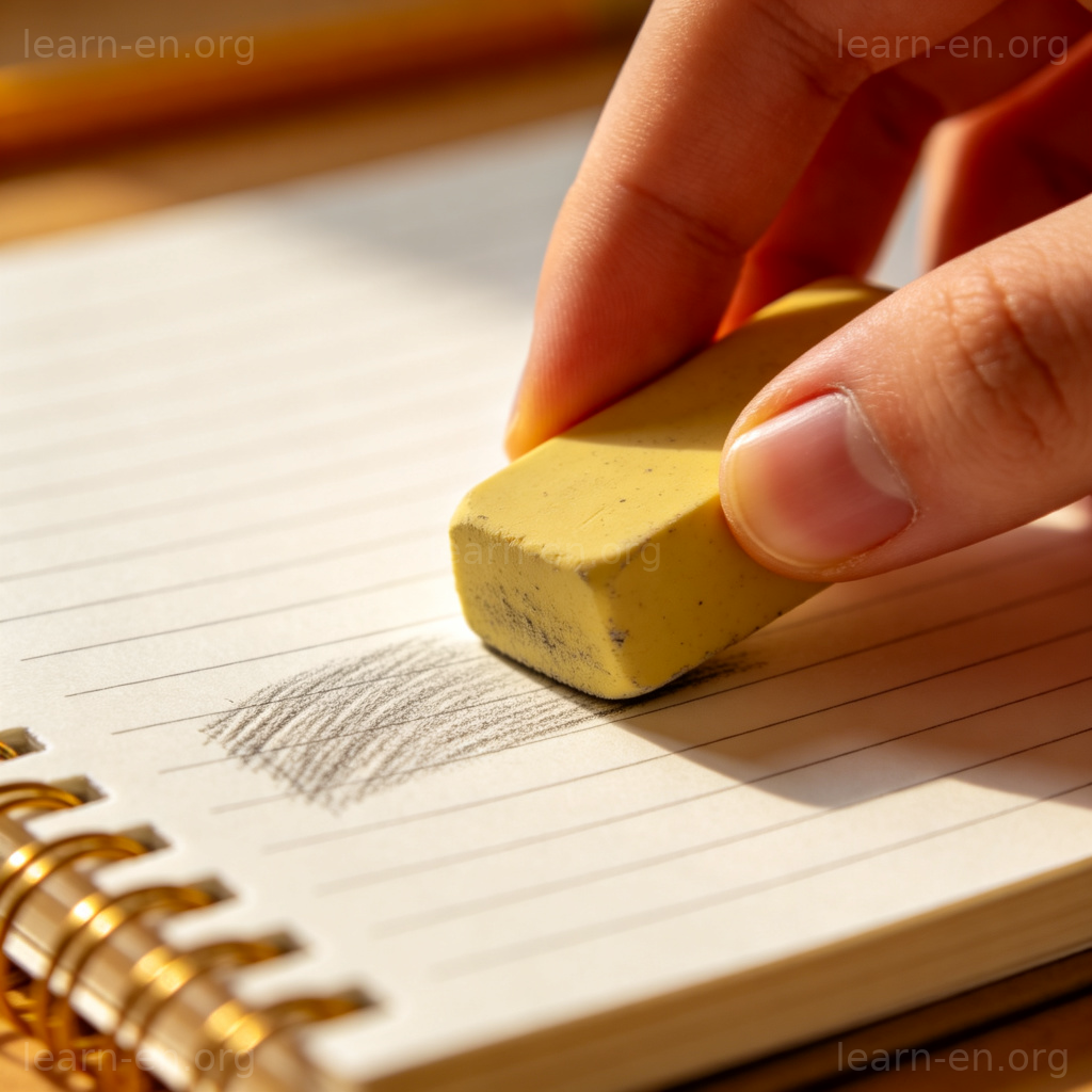 eraser 橡皮使用图解：学生用黄色橡皮擦除笔记本上的铅笔痕迹