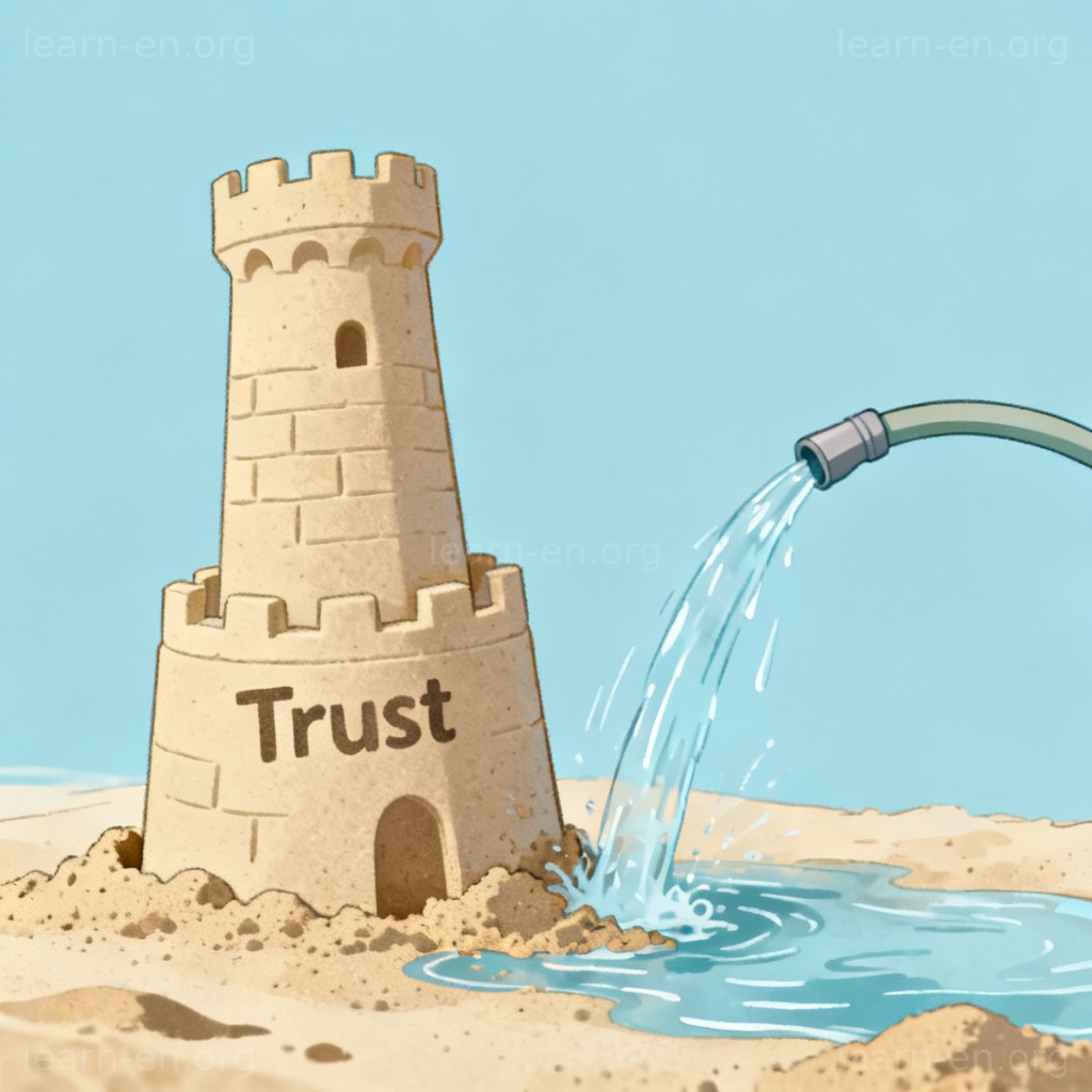 Erosion illustration of trust being washed away like a sandcastle.