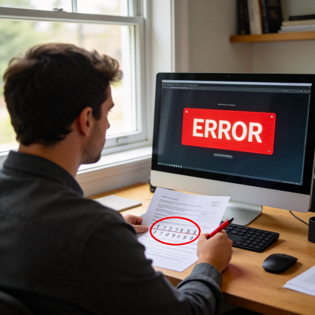 A person sitting at a desk in a home office, looking at a computer screen with a bright red "ERROR" message pop-up. On the desk, a printed document is marked with a red pen circle around a wrong number. Natural daylight from a window, clear and detailed shot focusing on the screen and the marked paper. No text in the background.