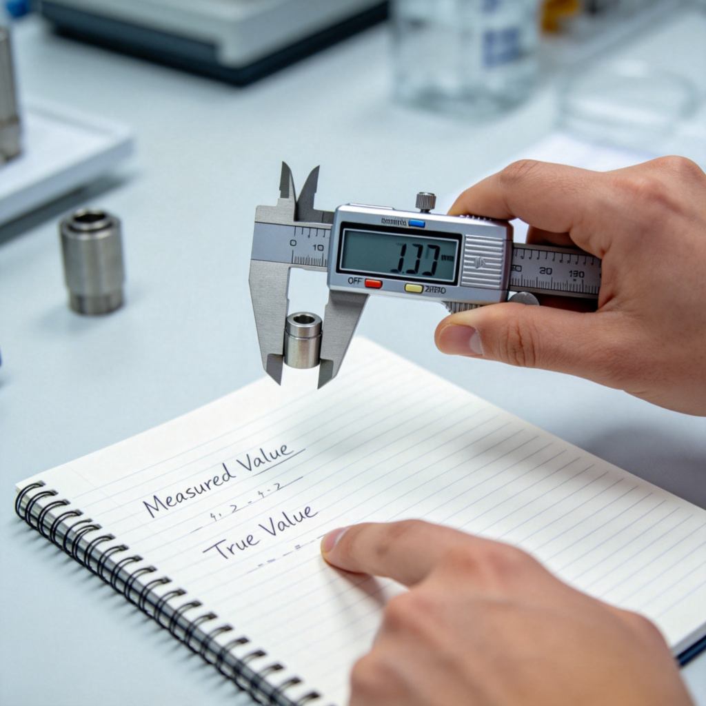 A close-up shot of a scientist's hands in a laboratory. One hand holds a digital caliper measuring a small metal part, the other points to a notebook where a handwritten calculation shows a slight difference between the 'Measured Value' and the 'True Value'. Clean, well-lit lab bench background. Sharp focus on the caliper display and the notebook.