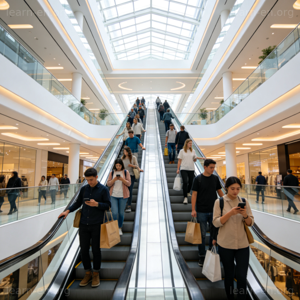 Escalator 自动扶梯图解：现代商场内运行中的自动扶梯场景