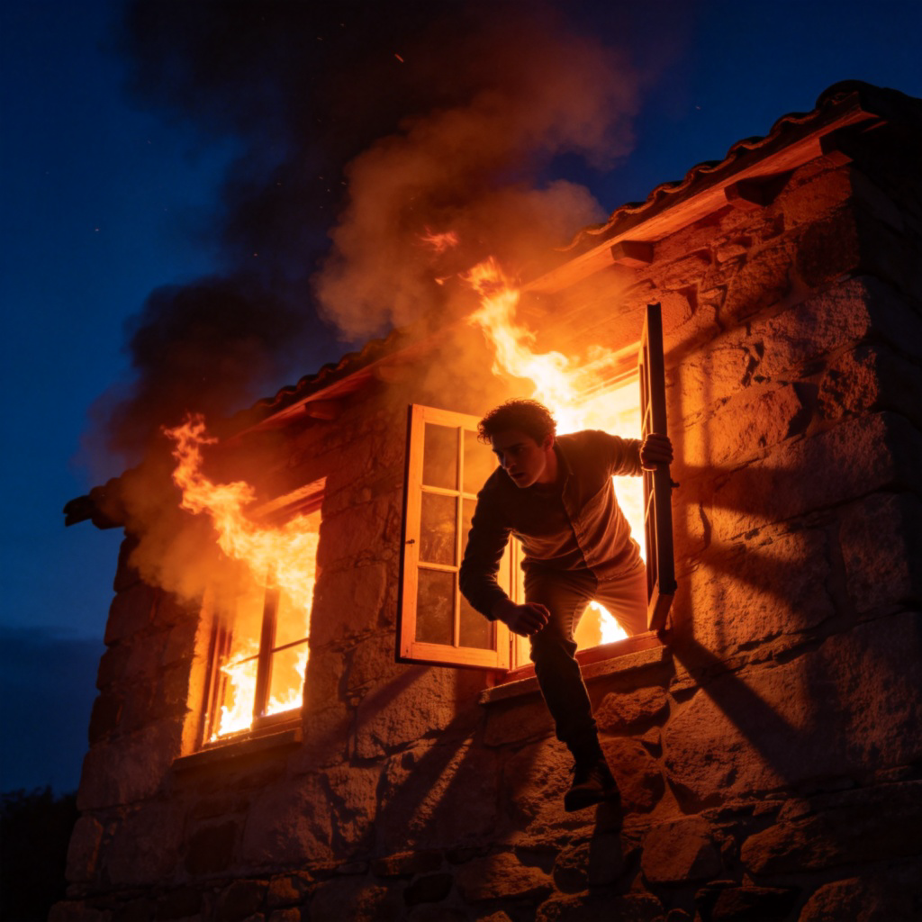 A person is climbing out of a window of a small, stone building that is on fire, with visible orange flames and smoke coming from another window. The person's face shows determination and urgency. The scene is at night, lit by the fire's glow. No text.