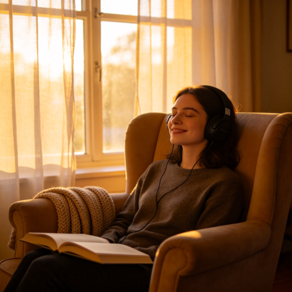 A person is sitting comfortably in a cozy armchair by a window, wearing headphones, eyes closed, and smiling while listening to music. A book lies open on their lap. Sunlight streams in, creating a peaceful and relaxed atmosphere. No text.