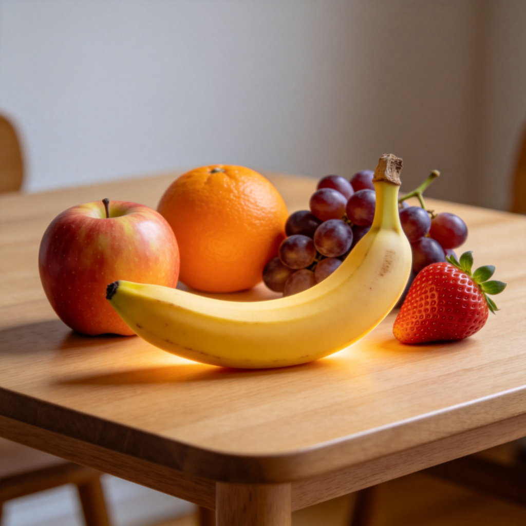 A vibrant image showing a group of five different colorful fruits on a wooden table: an apple, an orange, grapes, a strawberry, and a banana. The banana is placed in the center front, slightly larger and with a subtle glow or spotlight effect on it, making it clearly stand out as the 'especially' chosen one. Soft, natural lighting, clean background. No text.