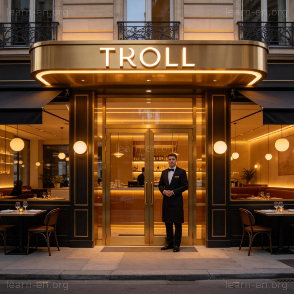 A clear, frontal view of the elegant exterior entrance of a modern restaurant. The restaurant's name is on a stylish sign above the door. A host is standing by the door. The lighting is warm and inviting, and the street looks clean and upscale. The focus is entirely on the restaurant as a physical place of business. No logos or text are visible on the sign.