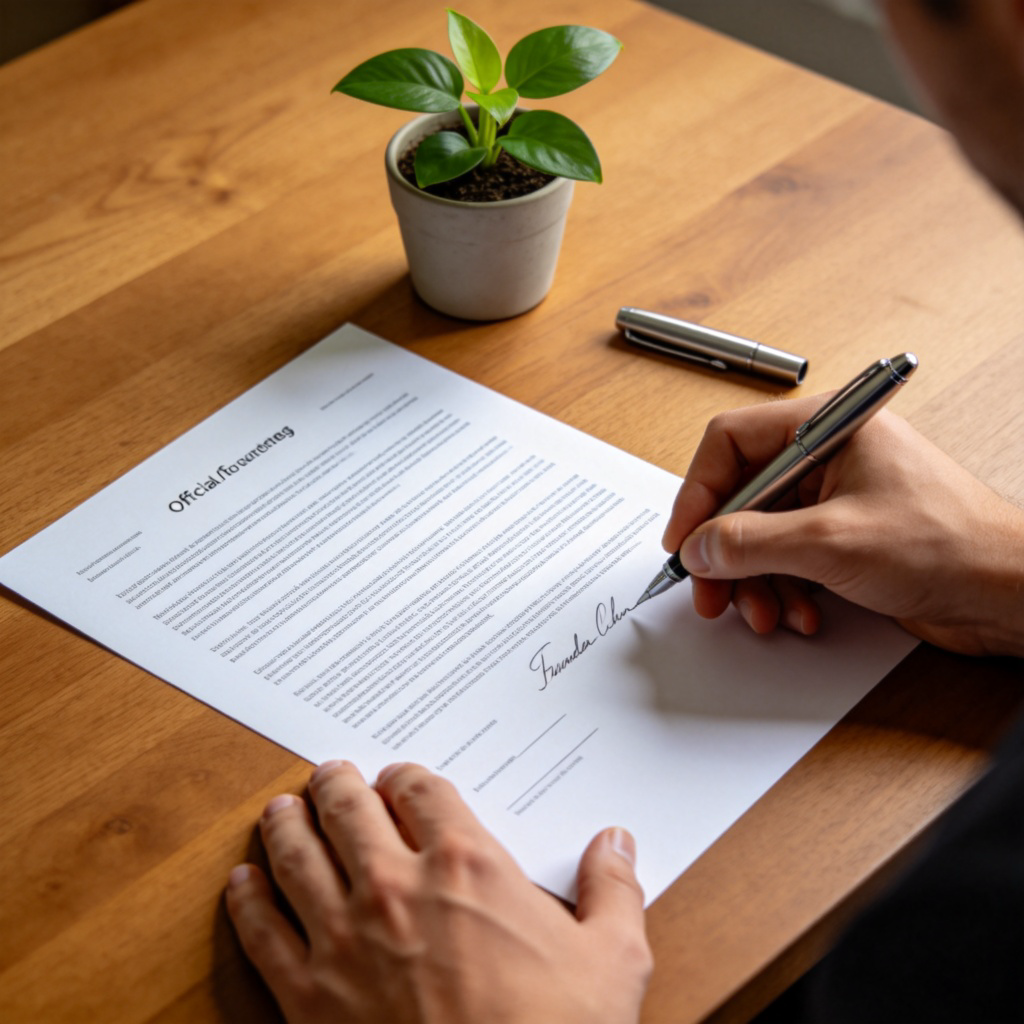 A close-up, top-down view of a person's hands signing an official-looking document on a wooden table. Next to the document are a pen and a small potted plant, symbolizing the start of something new. The lighting is clear and focused on the hands and paper, representing the act of founding. No faces or identifiable logos are visible.