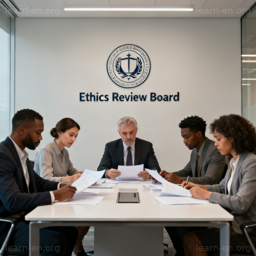 Photorealistic image of an ethics review board in a professional meeting setting.