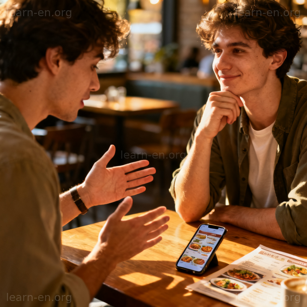 Evaluation in action: friends discussing and forming an opinion about a restaurant menu.