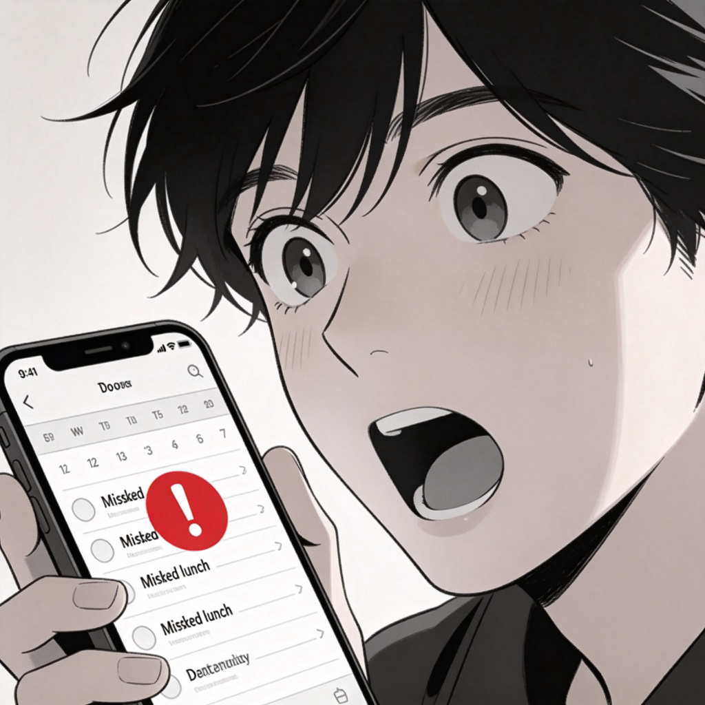 A person looking surprised while checking their calendar or to-do list on a smartphone, with a red circle and exclamation mark over a missed lunch event. The focus is on their expression of sudden realization. Clean, modern background. No text.