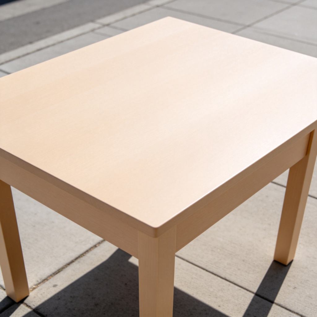 A close-up top-down view of a perfectly smooth, light-colored wooden desk or a freshly paved concrete sidewalk. The surface is flawless, with no visible grains, bumps, or cracks. Sunlight shines evenly across it. No text.