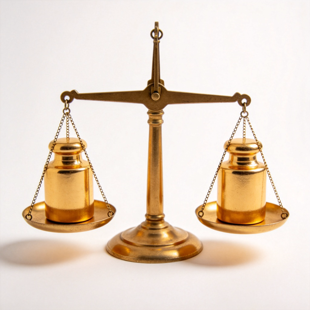 A balanced old-fashioned scale with two identical golden weights sitting perfectly level in each pan, against a plain background. The beam of the scale is exactly horizontal, symbolizing perfect equality. No text or numbers.