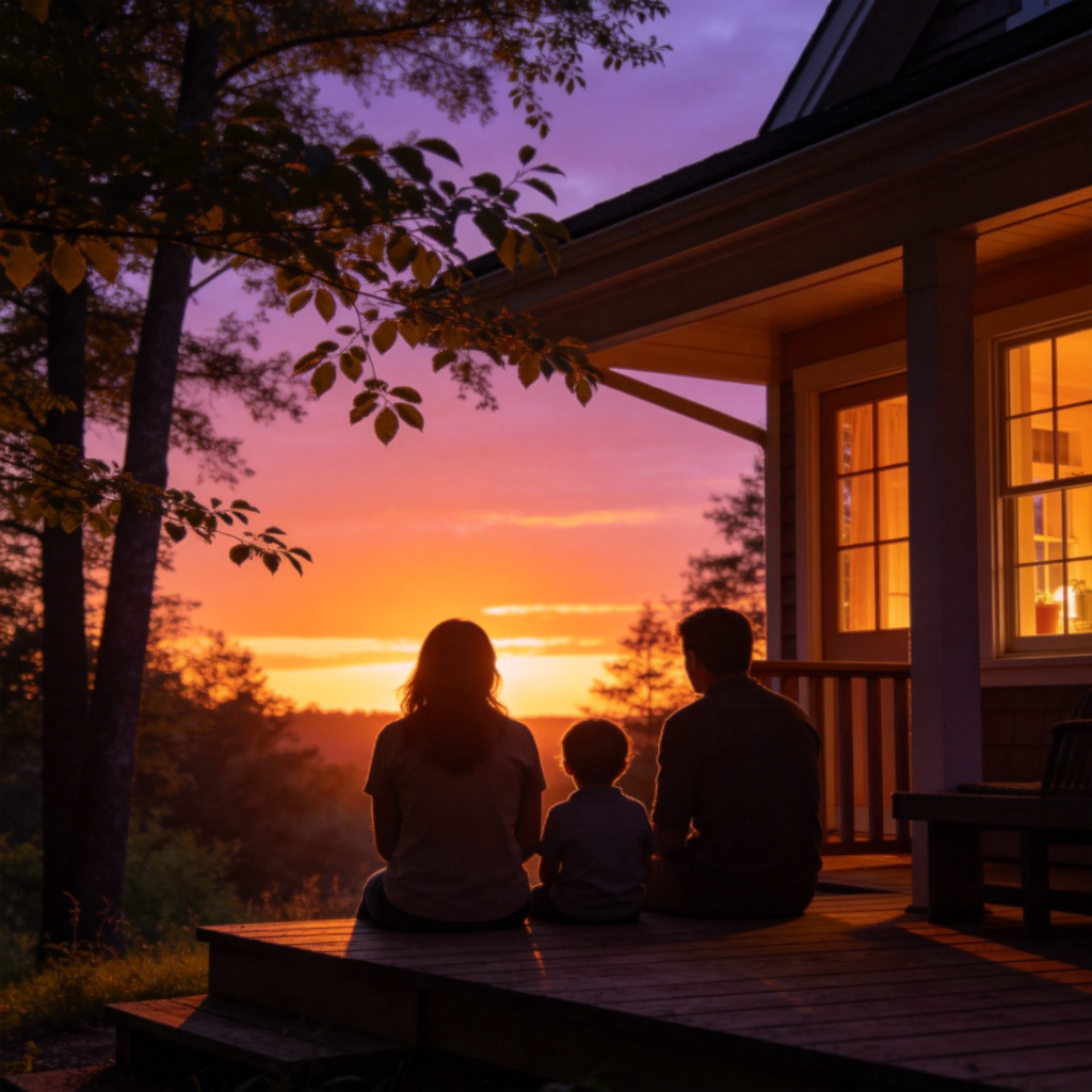 A serene outdoor scene showing a family on a porch during dusk, with a setting sun creating warm orange and purple hues in the sky. The view includes silhouettes of trees and a cozy house, capturing the peaceful transition from day to night. No text or logos.