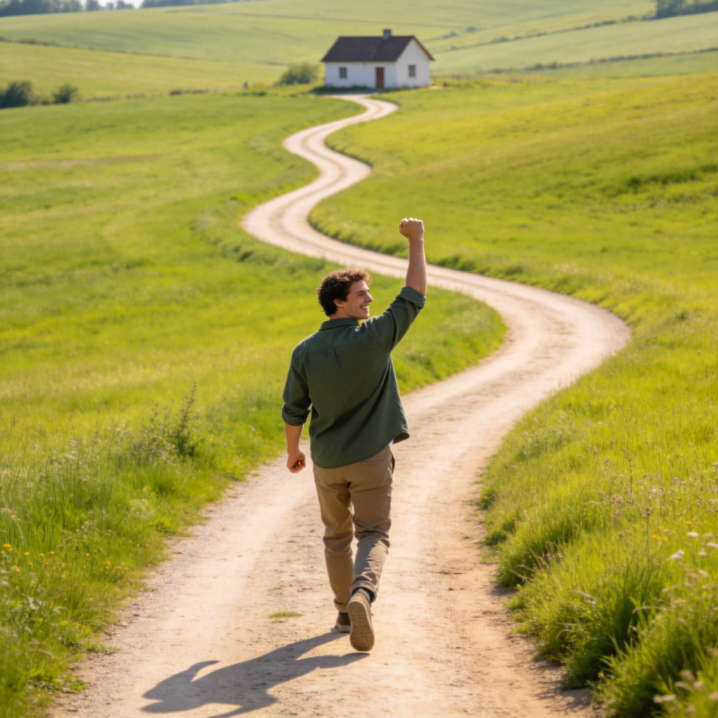 A person walking along a winding path through a sunny green field, with a small house visible at the end. The person is smiling and raising a hand in victory as they approach the house. Natural daylight, simple background, focus on the path and the person's happy expression. No text or logos.