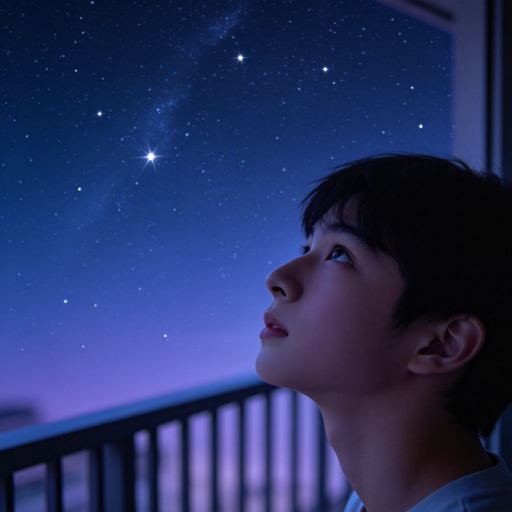 A young person looking thoughtfully at the night sky full of stars, with a curious and hopeful expression, as if wondering about past or future possibilities. Simple setting on a balcony, clear focus on the person's face and the stars. No text.