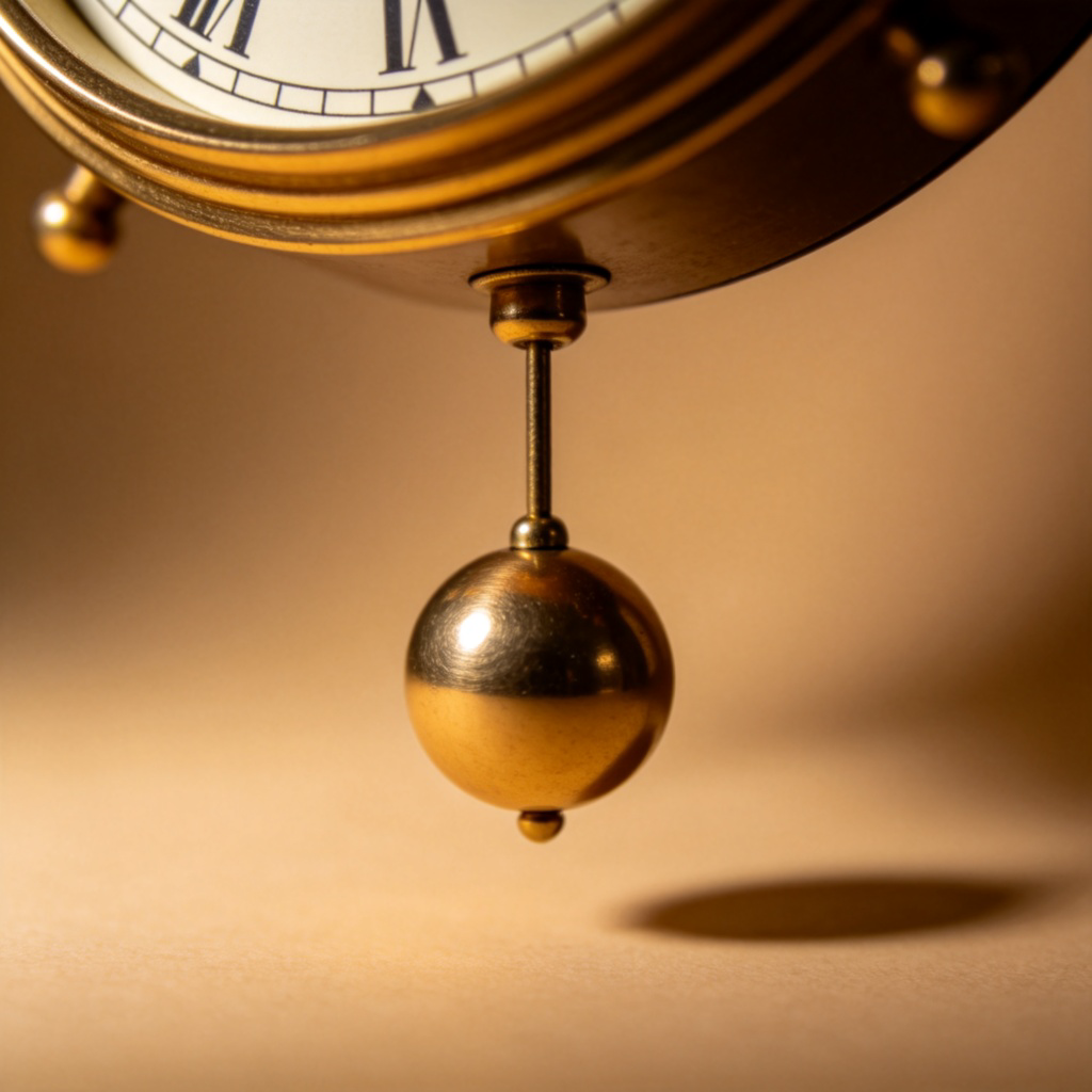 A close-up of a classic pendulum clock swinging continuously back and forth, symbolizing constant and unchanging motion. Warm indoor lighting, sharp focus on the swinging pendulum against a plain background. No text or numbers visible on the clock face.
