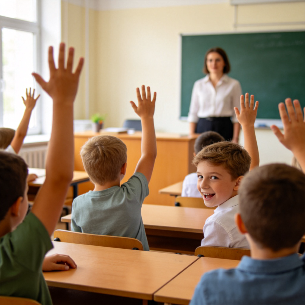 A classroom with a teacher standing at the front and several students at desks. Each student is raising their hand high, with eager expressions on their faces. The focus is on the students' hands and faces, in a bright, well-lit room with simple furniture. Realistic style, no text or distractions.