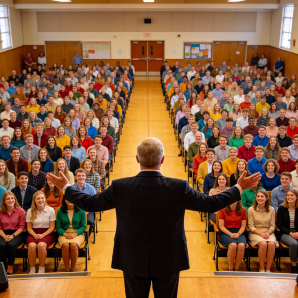A cheerful school principal standing on a stage in a school auditorium, addressing a large, diverse group of smiling students and teachers seated in rows. The principal's arms are open wide in an inclusive gesture. Bright, even lighting, focus on the principal and the front rows of the audience.