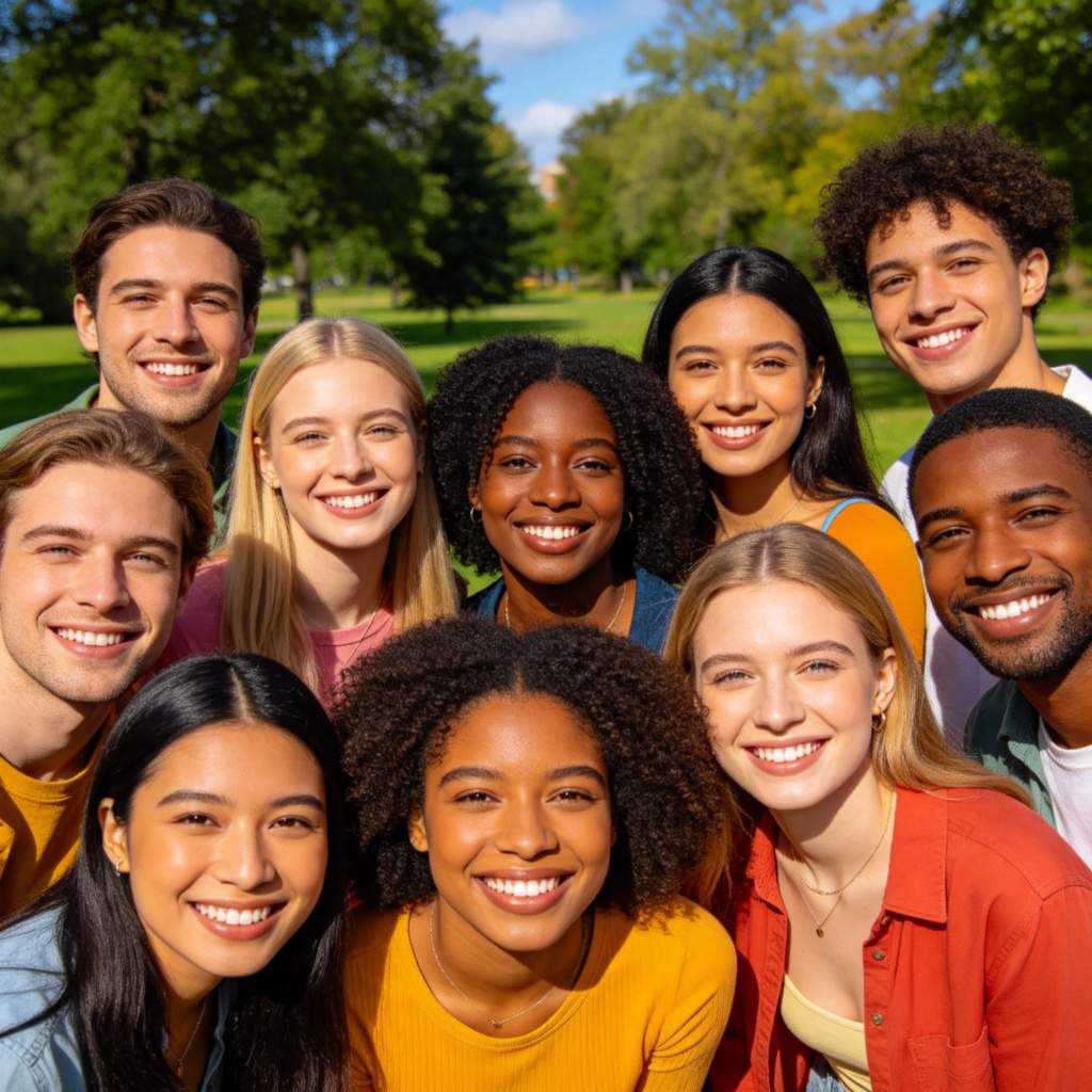 A bright and cheerful group photo of about ten people from diverse backgrounds, smiling directly at the camera. They are standing close together in a park on a sunny day. The focus is on the collective joy, with every face visible and happy. The style is a realistic, colorful photograph with a clean background. No text in the image.
