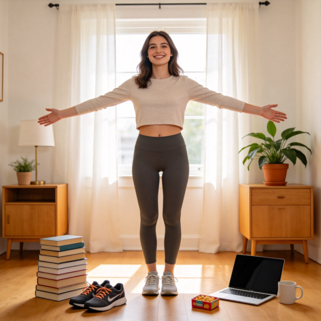 A smiling young woman is standing in the middle of her room with her arms open wide. Surrounding her on the floor and furniture is a diverse collection of items representing different parts of life: a stack of books, a pair of running shoes, a laptop, a plant, a mug, and a small snack box. The room is bright and tidy, and she looks happy and content as if she has all she needs. Clean, realistic style, no text.