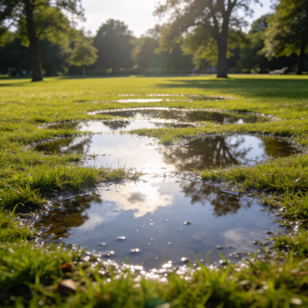 A wide-angle photo of a sunny park after a rain shower. The ground is covered with many small, clear puddles reflecting the sky and trees. The puddles are scattered across the entire grassy area, from the foreground to the background. The scene is bright, clean, and peaceful. No people or text in the frame.
