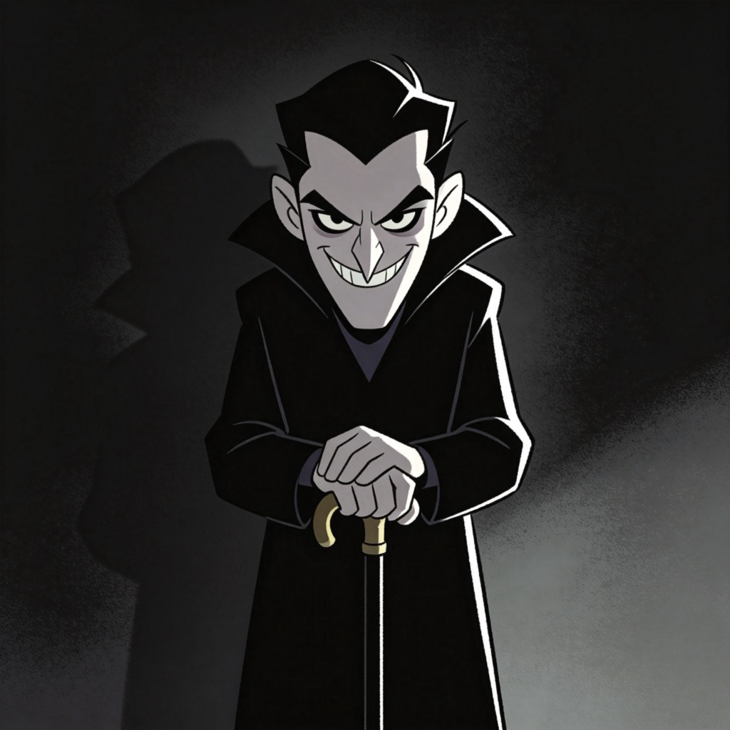 A cartoon-style illustration of a villain character. He is dressed in dark clothes, standing with a sly, cold smile, holding a classic villain's cane. The background is simple and shadowy, focusing entirely on his menacing expression and posture. No text.