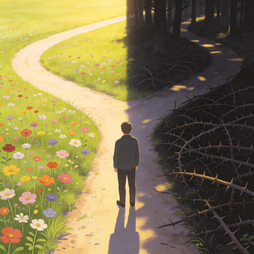 A symbolic image of a person standing at a crossroads. One path is bright and sunny with flowers, representing good choices. The other path is dark, thorny, and leads into shadows, representing the choice of evil. The person is looking thoughtfully at both paths. Artistic illustration style, clear symbolism. No text.