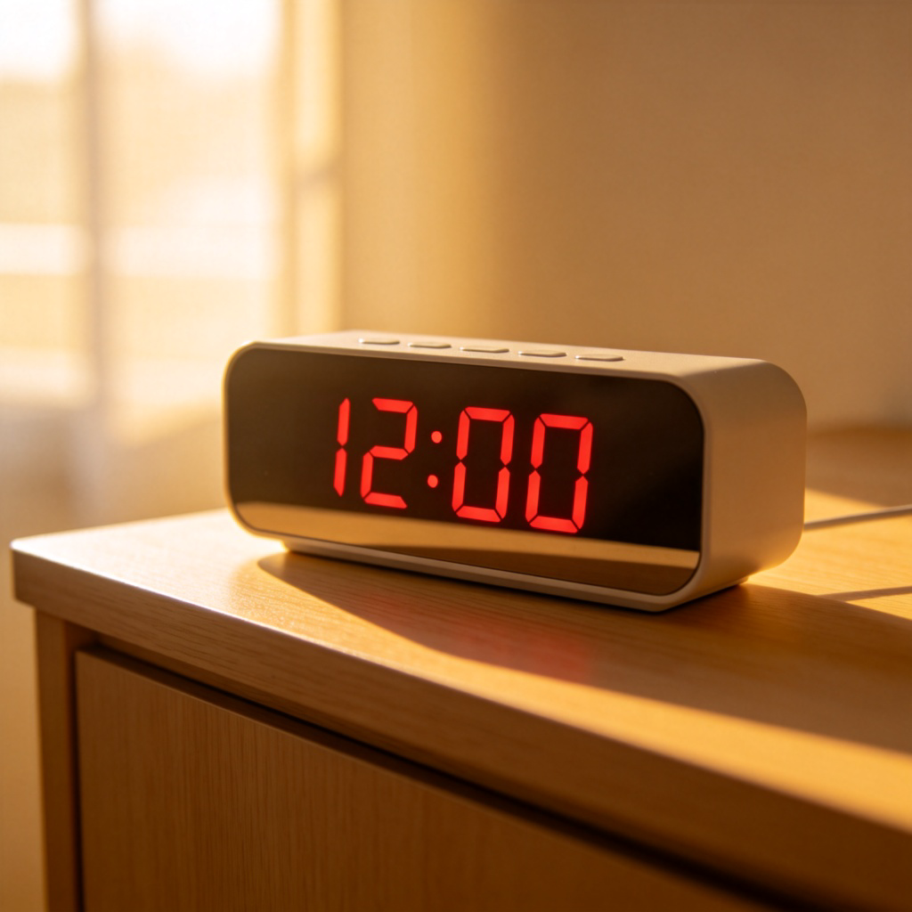 A close-up shot of a modern digital alarm clock on a nightstand, the red numbers clearly showing '12:00'. The second hand is just about to touch the '12', creating a sense of perfect timing. Soft morning light enters the room. No text or logos on the clock.