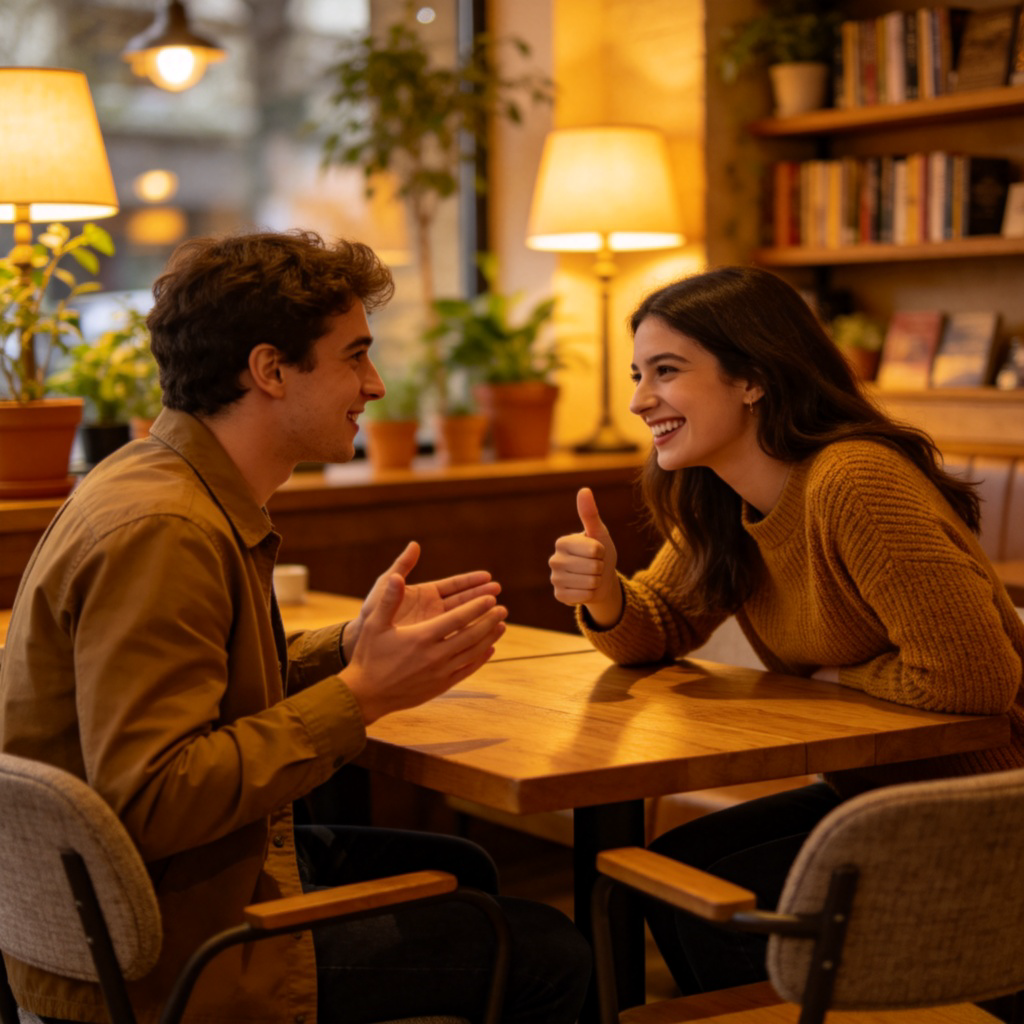 Two friends sitting at a cafe table, one speaking with hands slightly raised. The other friend is smiling broadly, leaning forward, and giving a thumbs-up gesture. The body language shows strong agreement and connection. The background is a cozy cafe with warm lighting. No text.
