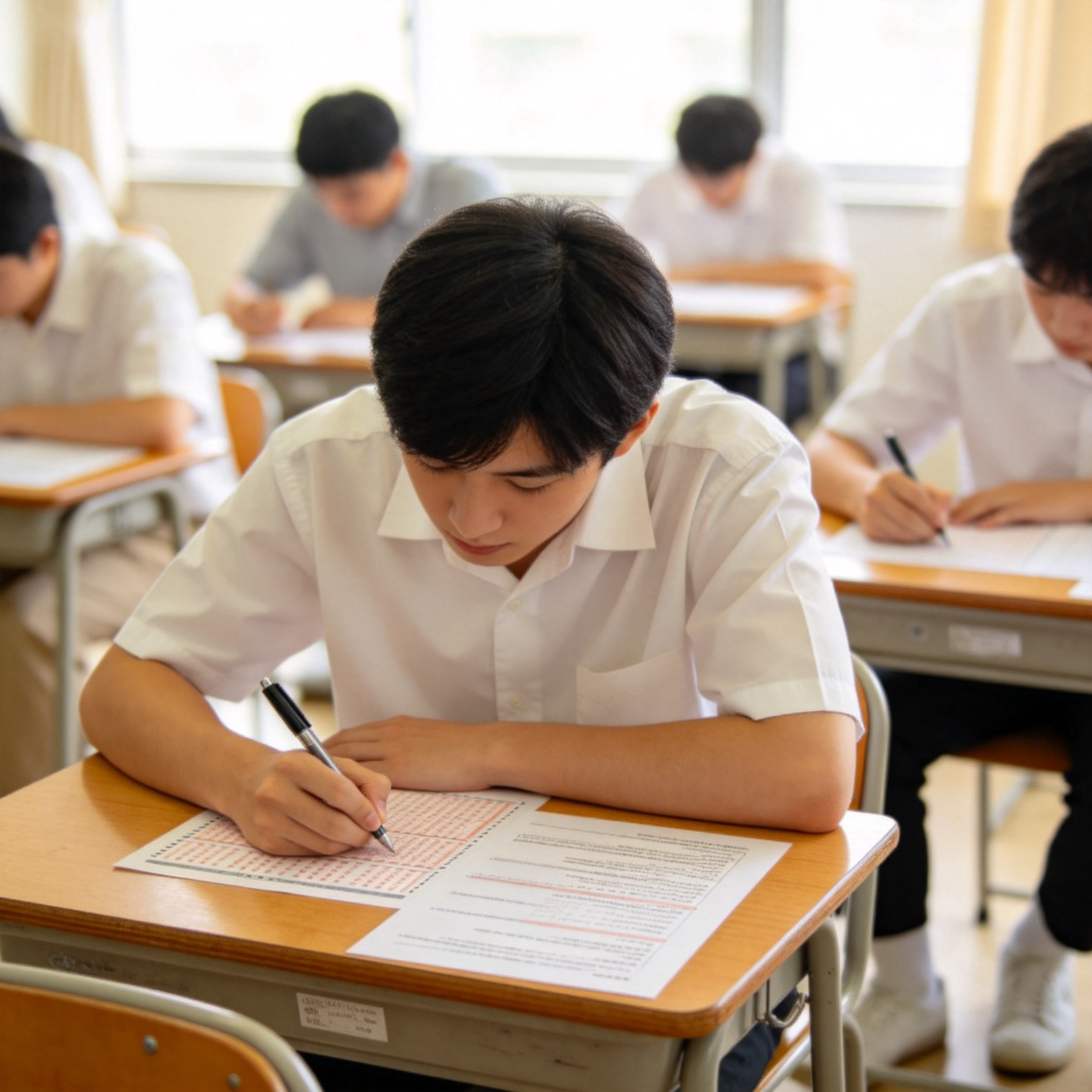 A focused student sitting at a desk in a quiet classroom, writing on an answer sheet. An exam paper is clearly visible on the desk. Natural light from a window, other students in the background also working. The scene is calm and studious.