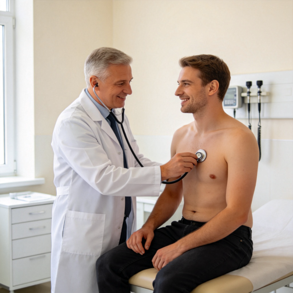 A friendly doctor in a white coat using a stethoscope to listen to a patient's chest in a clean, bright examination room. The patient is sitting on an exam table. The atmosphere is professional and reassuring.