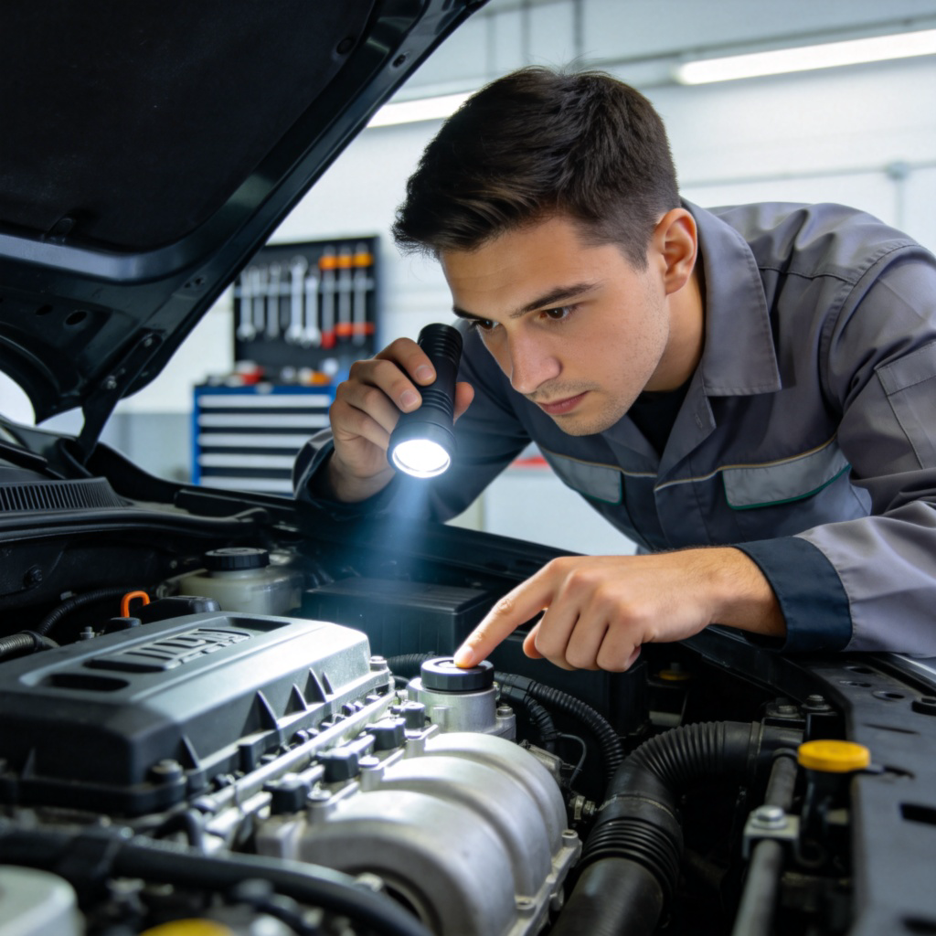 examination 检查场景图解：机械师仔细检查汽车发动机