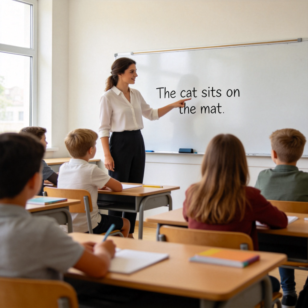 A teacher standing in front of a classroom, pointing at a simple sentence written on a whiteboard. The sentence clearly demonstrates a grammatical rule, like "The cat sits on the mat." The students are looking attentively. Clean, well-lit classroom, focus on the whiteboard and the teacher's pointing gesture. No text or logos in the image.