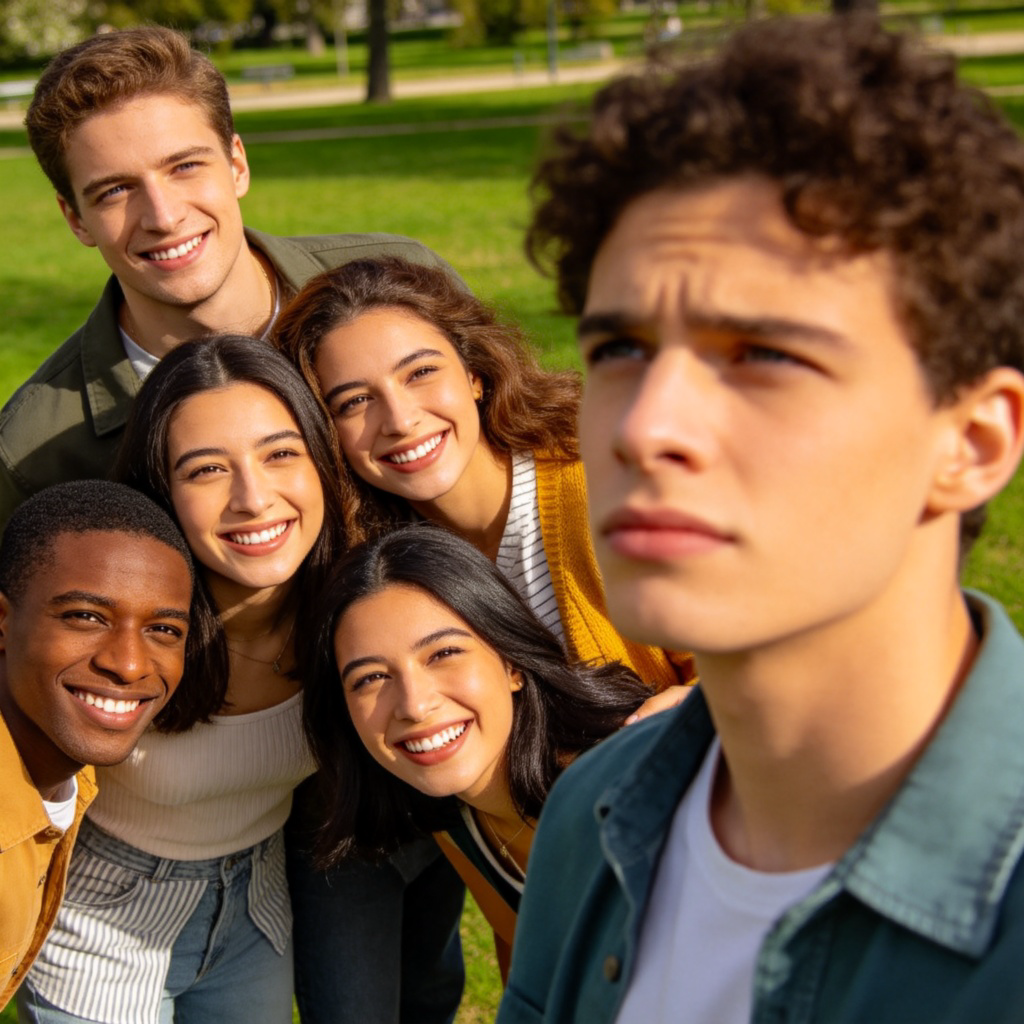 A group of five smiling friends posing for a photo in a park. One person stands just outside the group's frame, looking towards them with a slightly disappointed expression. The focus is on the separation between the group and the single person. Bright daylight, clear contrast. No text.