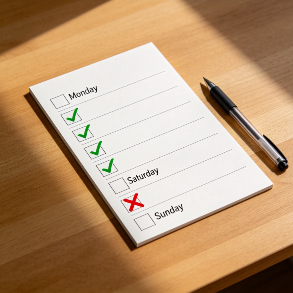 A weekly planner laid out on a wooden desk. Seven boxes represent days from Monday to Sunday. Boxes for Monday to Saturday have a green tick mark. The Sunday box has a prominent red "X" mark. A pen lies next to the planner. Close-up, clean desk, natural light. No text.