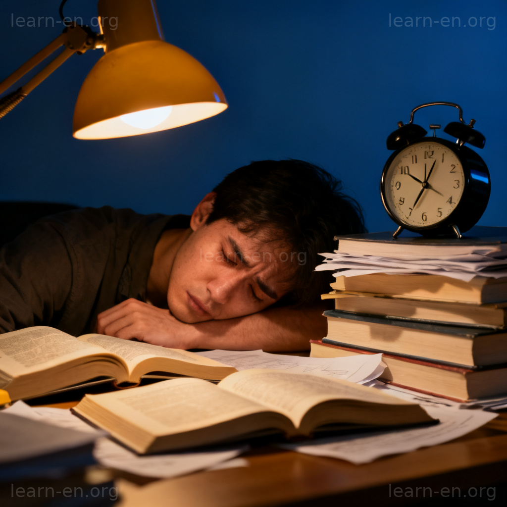 Excess work behavior shown by an exhausted person at a cluttered desk late at night, depicting overwork.