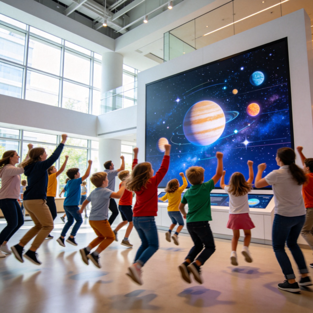 A diverse group of people, including children and adults, jumping with joy and cheering in a bright, modern museum hall, looking at a large interactive display showing planets and stars. Dynamic motion, natural lighting, happy expressions, no text. The focus is on their excited reactions to the educational exhibit.