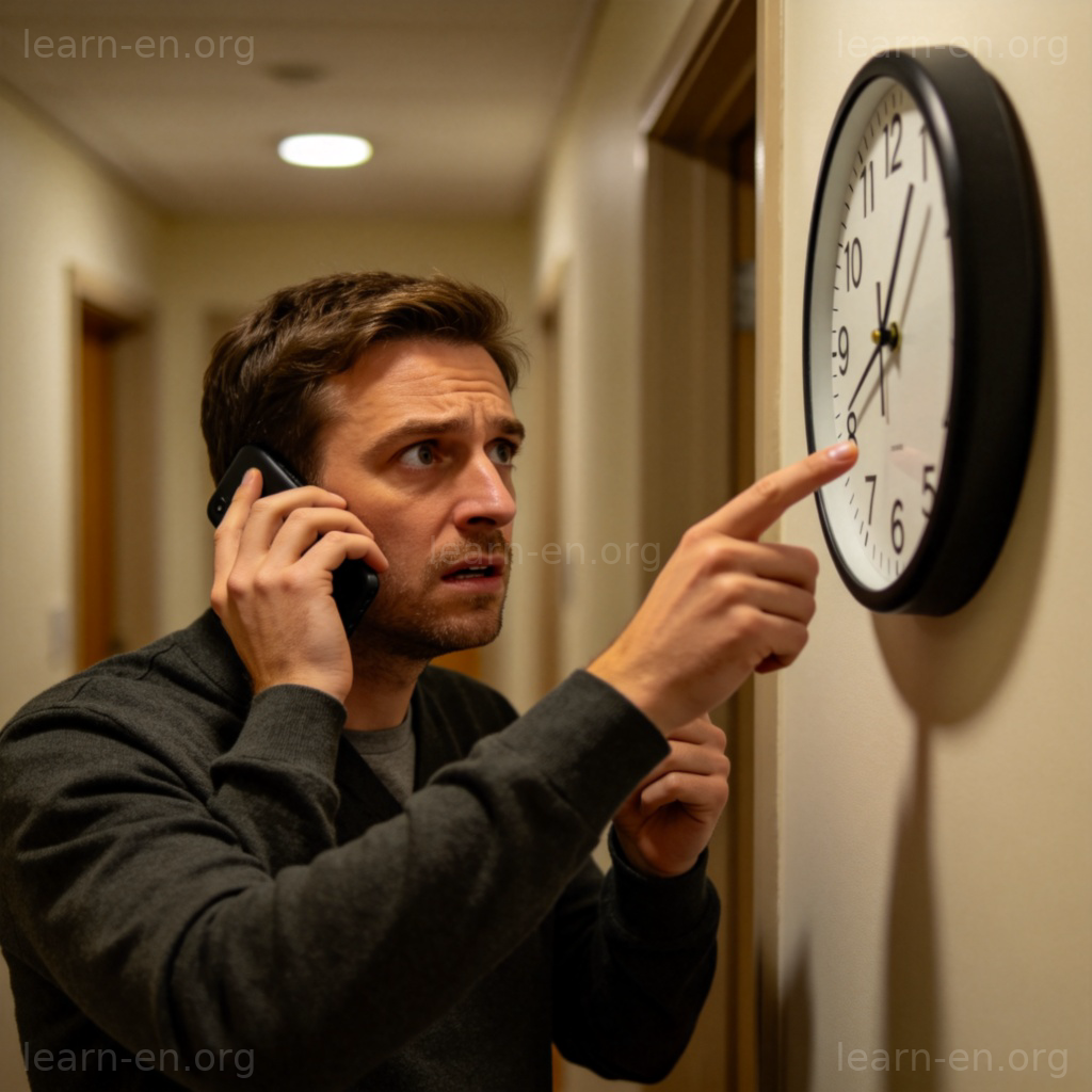 excuse 借口场景图解：人物焦急看钟解释迟到原因