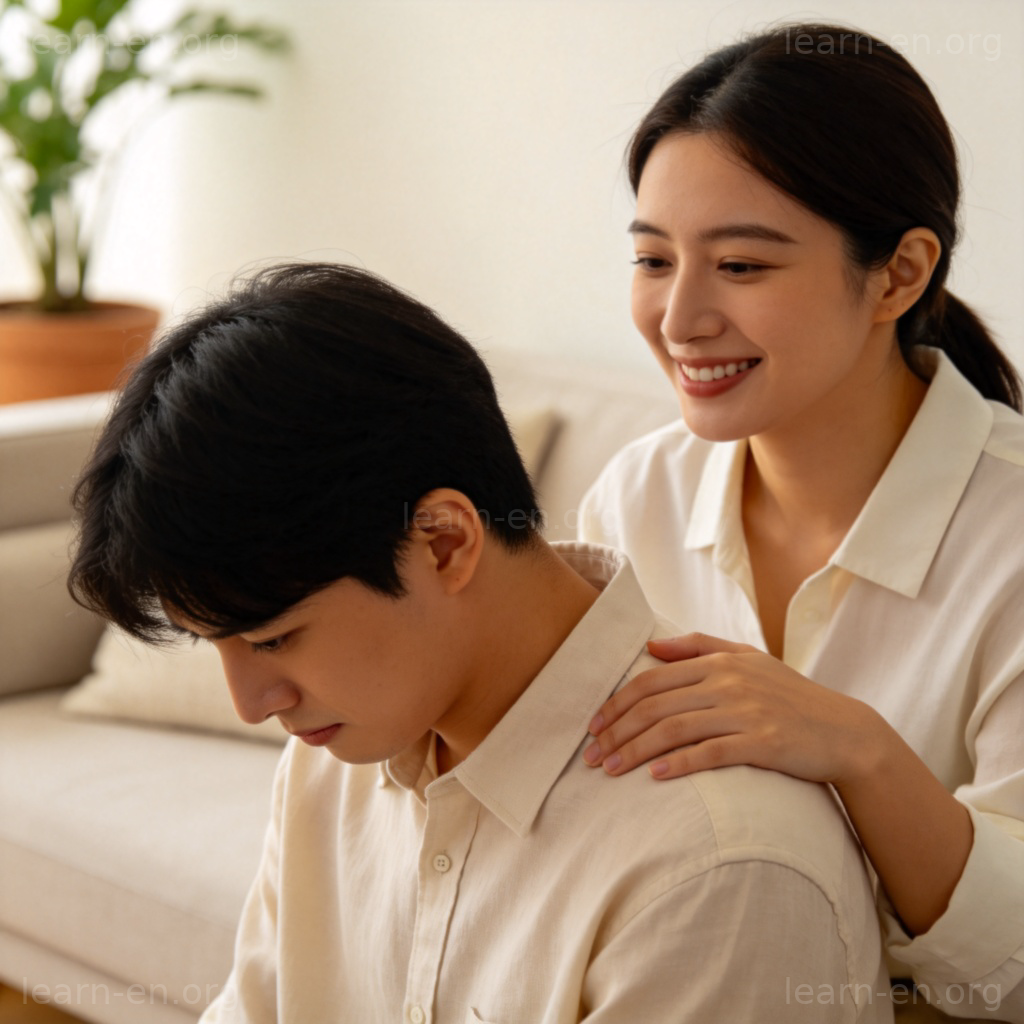 excuse 原谅场景图解：一人微笑拍肩安慰道歉者