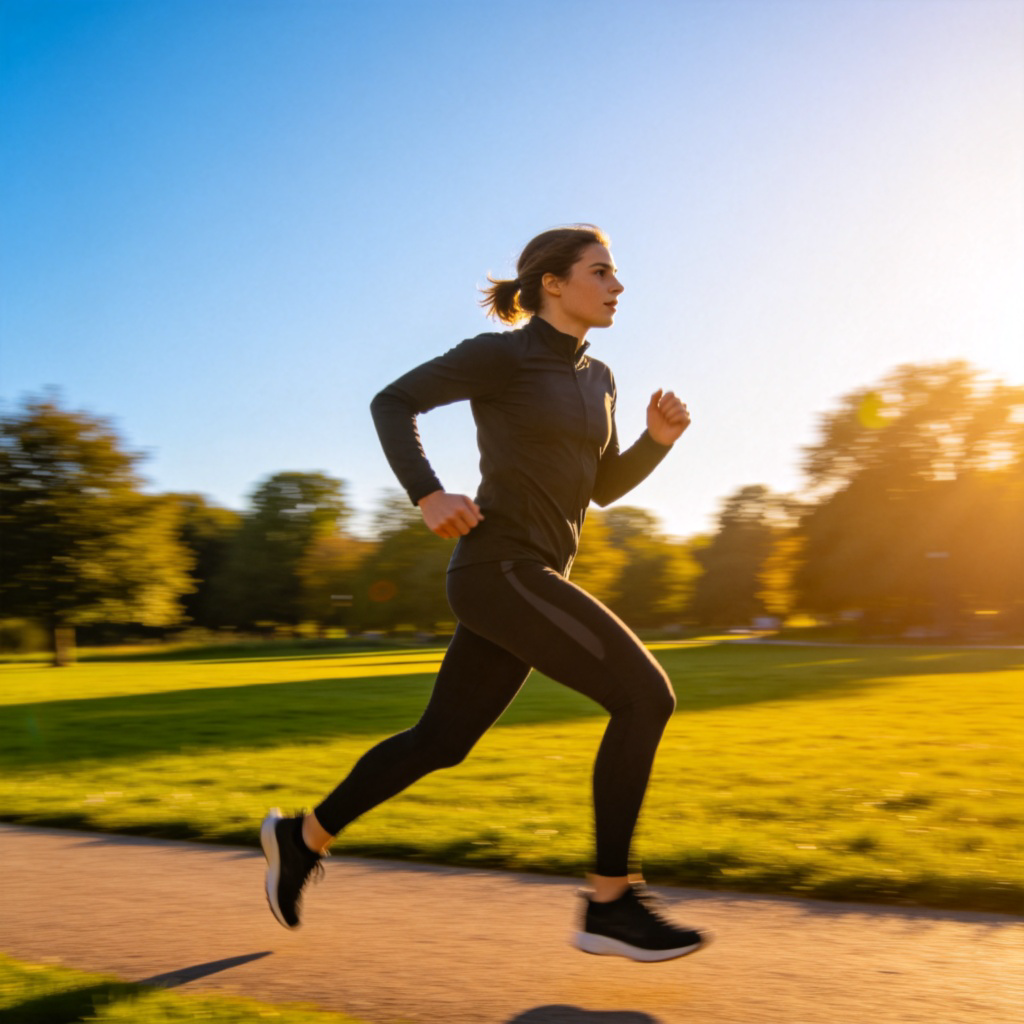 A person in sportswear is jogging on a path in a sunny park, showing movement and effort. Side view, clear blue sky, green grass in the background. The focus is on the active posture and facial expression of the person. No text or logos.