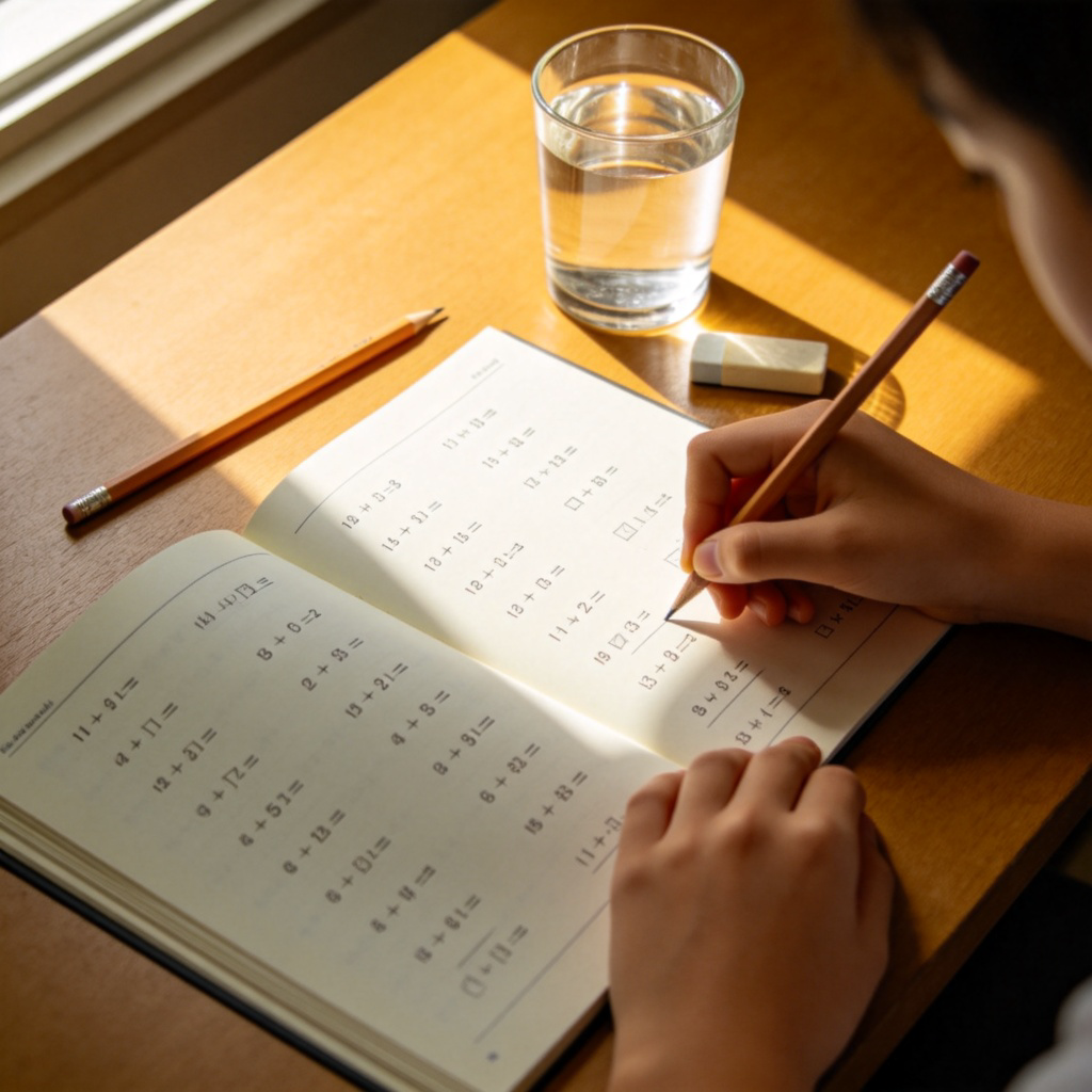 A student's hands writing in an open workbook on a wooden desk. The page shows clear math problems with numbers and symbols. Pencil, eraser, and a glass of water are on the side. Natural light from a window illuminates the paper. No text.