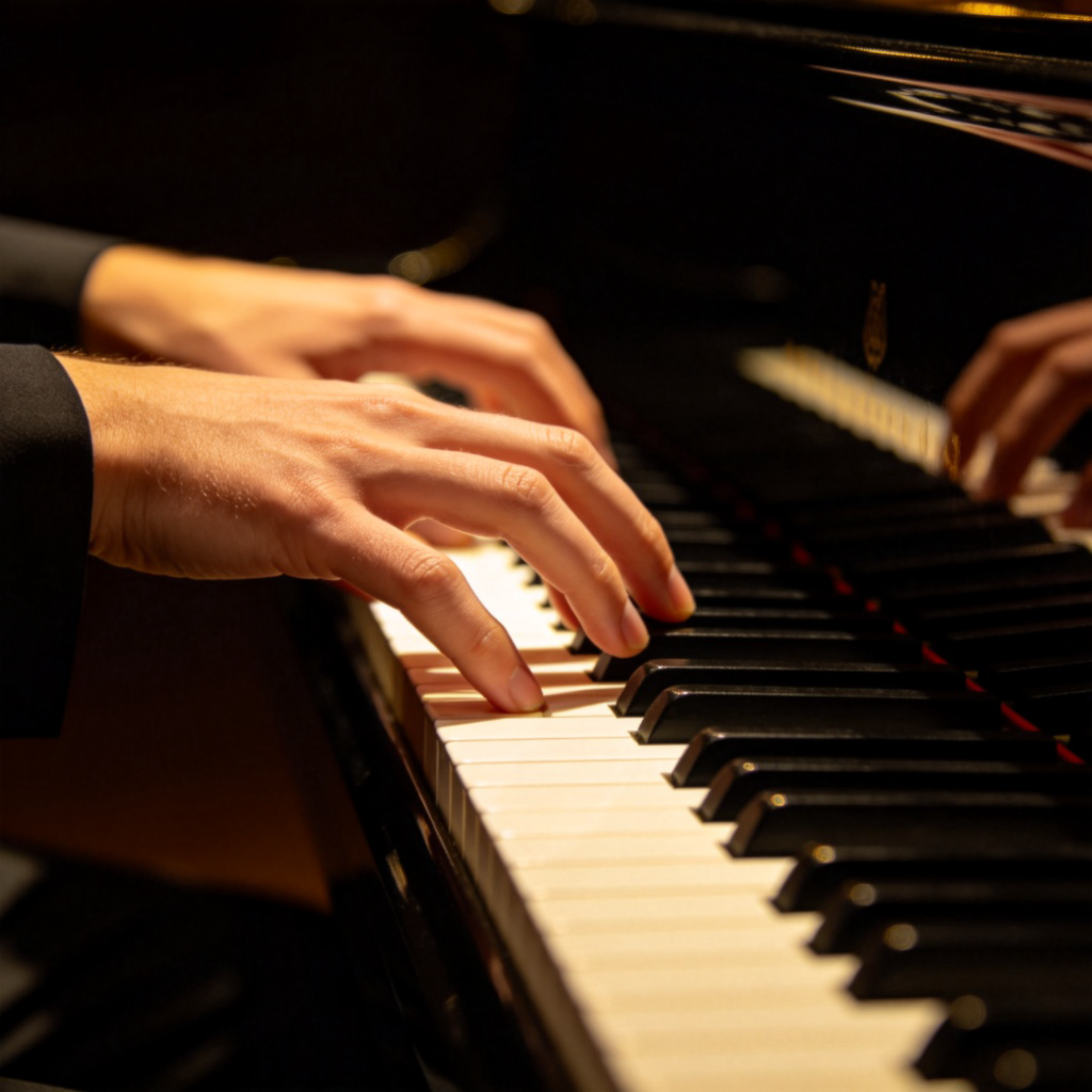 A musician's hands carefully playing a classical piano in a concert hall. The focus is on the precise finger movements pressing the black and white keys. Soft spotlight on the hands and keyboard, dark background. The image conveys skill, control, and focused application. No text.