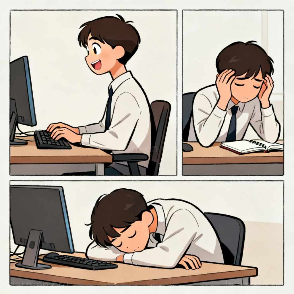 Exhaustible energy levels shown in three comic panels depicting gradual depletion.