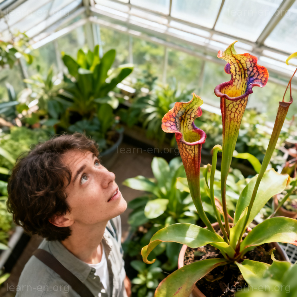 Exotic concept shown by a visitor admiring a bizarre and fascinating plant in a greenhouse.
