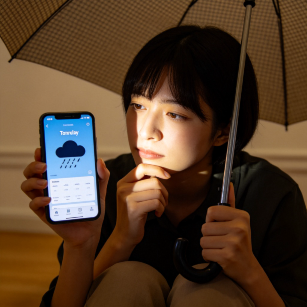 A person checking a weather forecast app on their smartphone, showing a dark cloud and rain icon for tomorrow. The person looks thoughtful, holding an umbrella ready. Simple indoor background, bright screen lighting the face. No text.