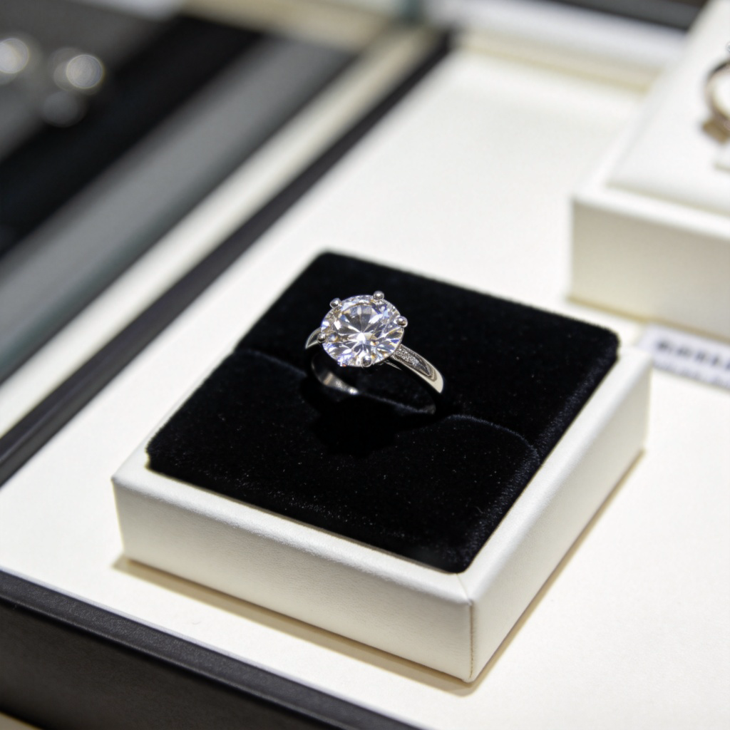 A close-up photograph of a shining diamond ring displayed on a black velvet cushion inside a bright, clean jewelry store display case. The focus is sharp on the ring, which is the clear center of the image. The lighting is soft and elegant, highlighting the ring's sparkle. No people, text, or price tags are visible in the shot.