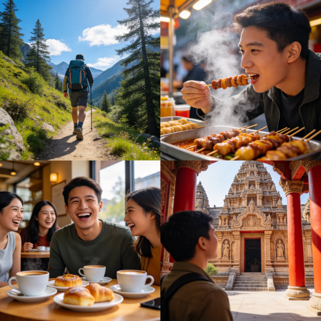 A photo wall collage showing various moments: a person hiking on a mountain trail, tasting local street food, laughing with new friends at a cafe, and looking at a historic temple. The overall feeling is of joy, discovery, and diversity. Clean, bright layout. No text.