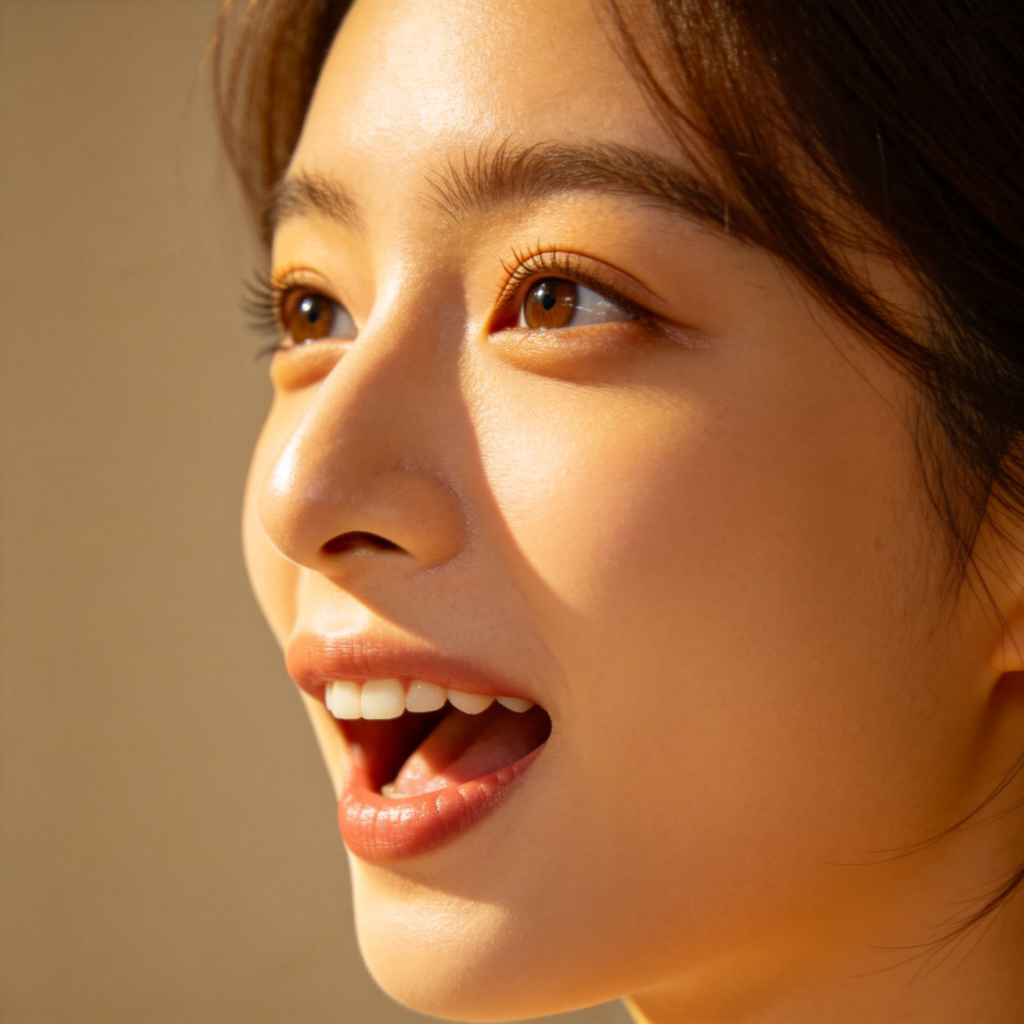 A close-up of a person's face showing a clear transition of emotions from concentration to joyful surprise. They are looking at something off-camera (like a painting or a screen). Soft, natural lighting highlights their expression. Plain background. No text.