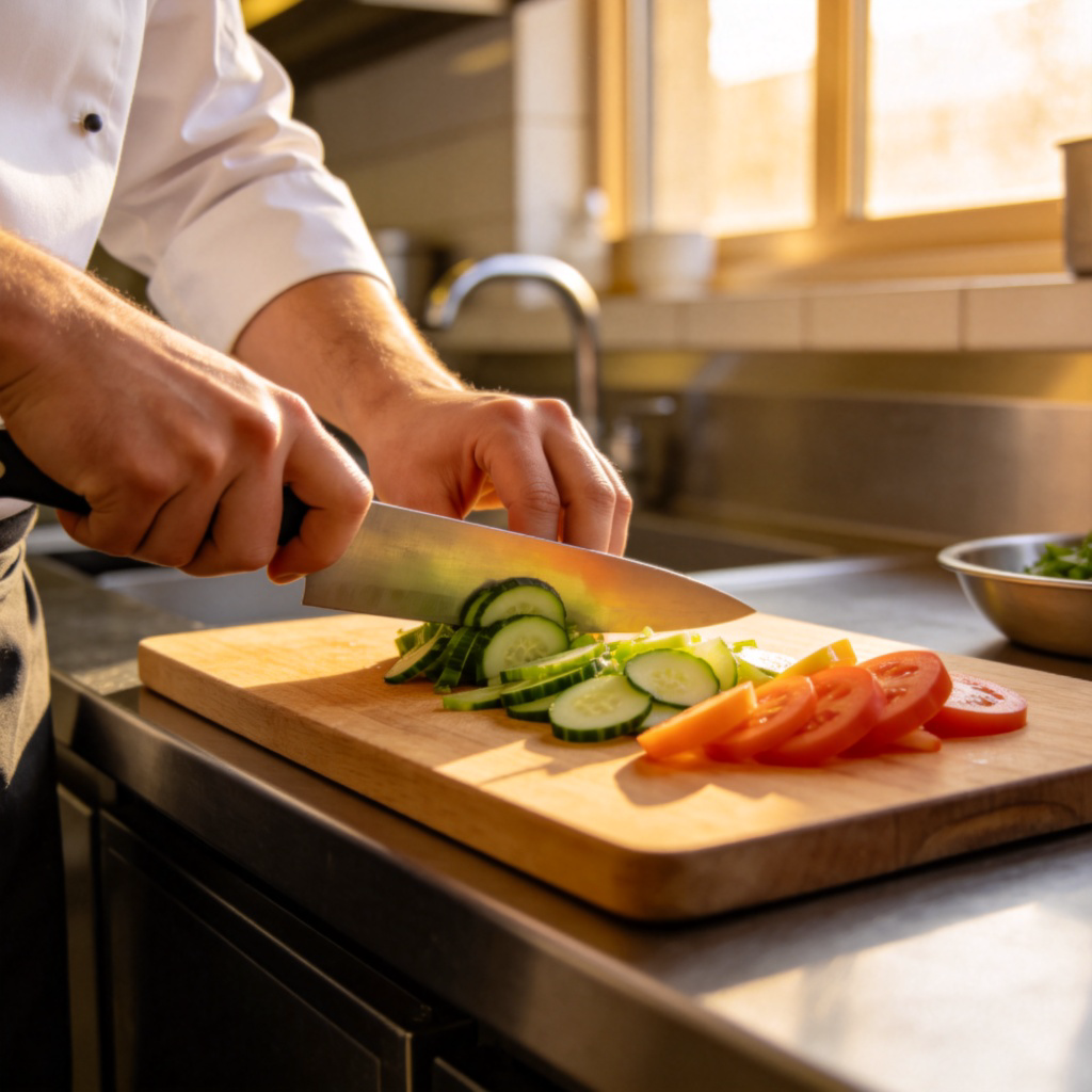 A skilled chef's hands expertly chopping vegetables on a wooden board. The focus is on the confident, precise movements and the fresh ingredients. The scene is in a clean, professional kitchen setting. Natural light from a window. No text.