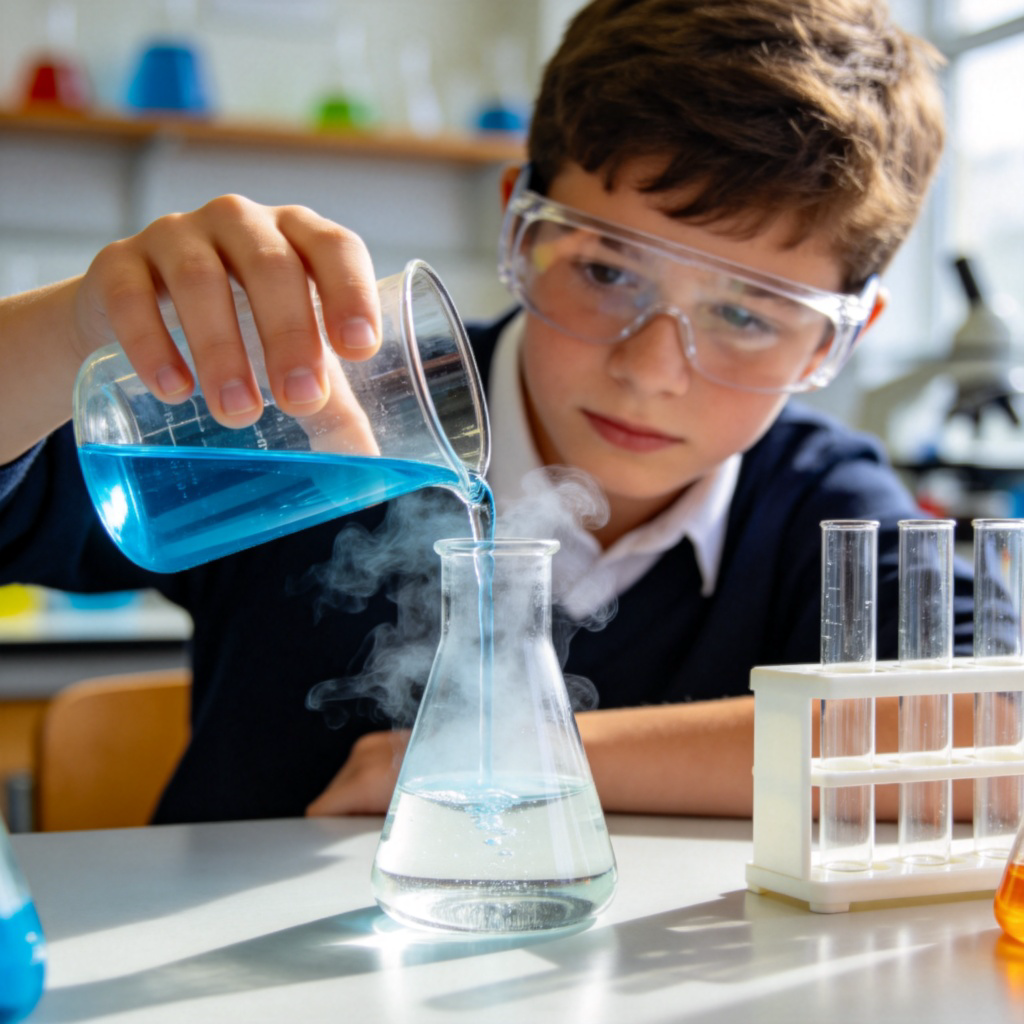 A middle school student, wearing safety goggles, carefully pouring a blue liquid from a beaker into a flask on a science lab table. The flask contains a clear liquid and is producing a small amount of safe, colored vapor. Other common lab equipment like a test tube rack is in the background. Bright, clear lighting, focus on the student's hands and the chemical reaction. No text or logos.